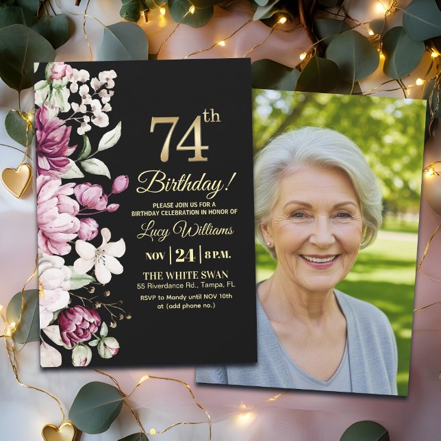 Invitación Elegant Floral Gold 74 Birthday Photo (Subido por el creador)