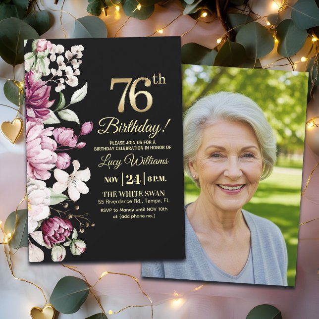 Invitación Elegant Floral Gold 76 Birthday Photo (Subido por el creador)