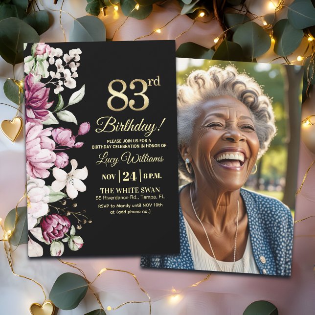 Invitación Elegant Floral Gold 83 Birthday Photo (Subido por el creador)