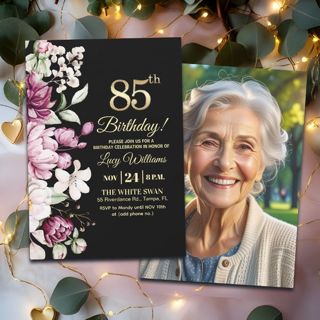Invitación Elegant Floral Gold 85 Birthday Photo (Subido por el creador)
