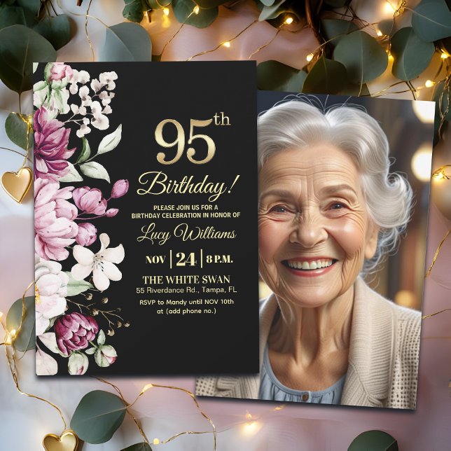 Invitación Elegant Floral Gold 95 Birthday Photo (Subido por el creador)
