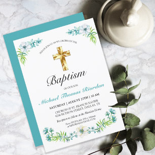 Invitación Elegant Floral Gold Cross Boy Baptism Invitation