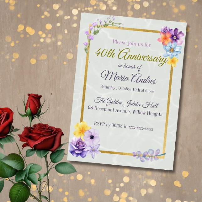 Invitación Elegant Floral Gold Frame 40th Birthday Invitation (Subido por el creador)