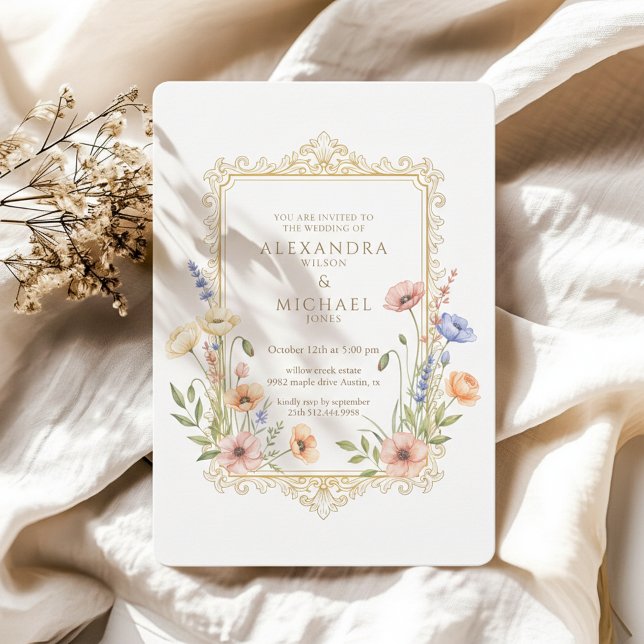 Invitación Elegant Floral Gold Frame Wedding Invitation (Luxury floral wedding invitation inspired by classic European elegance)