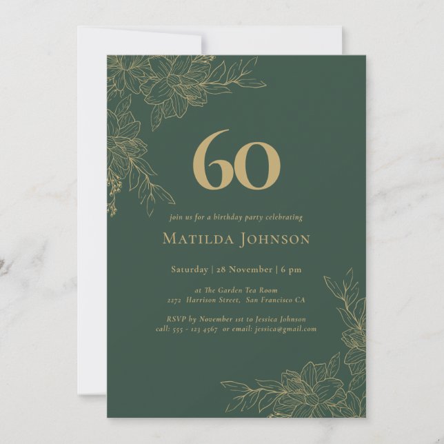 Invitación Elegant Floral Green Gold Floral 60th Birthday (Anverso)