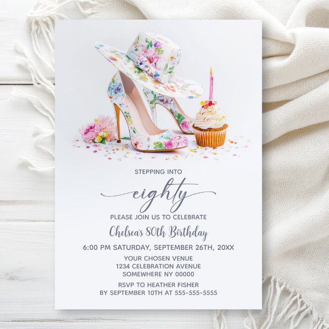 Invitación Elegant Floral High Heel Shoes 80th Birthday Party (Subido por el creador)
