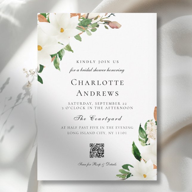 Invitación Elegant  Floral Magnolia QR Code Bridal Shower (Elegant Floral Magnolia QR Code Bridal Shower Invitation)