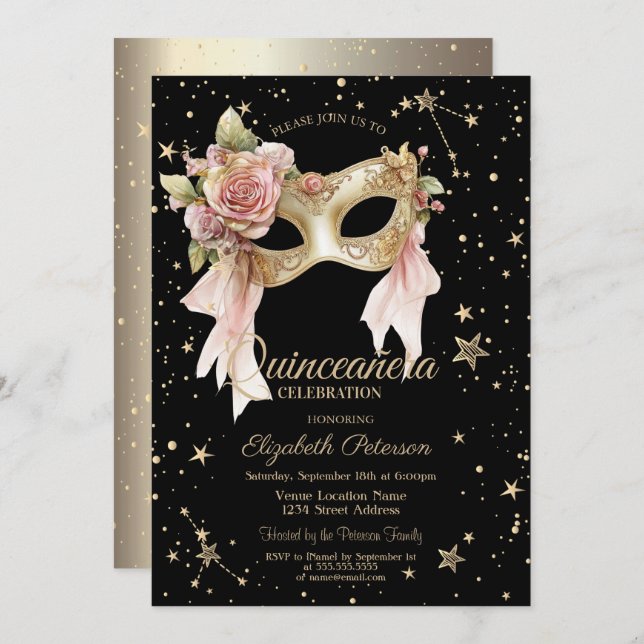 Invitación Elegant Floral Masque Stars Black Gold Quinceañera (Anverso / Reverso)