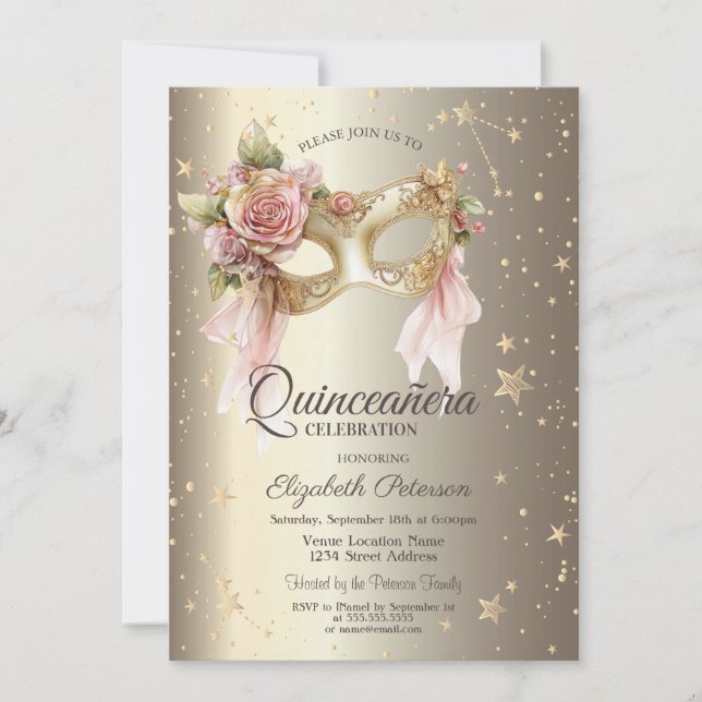 Invitación Elegant Floral Masque Stars Gold Quinceañera (Anverso)