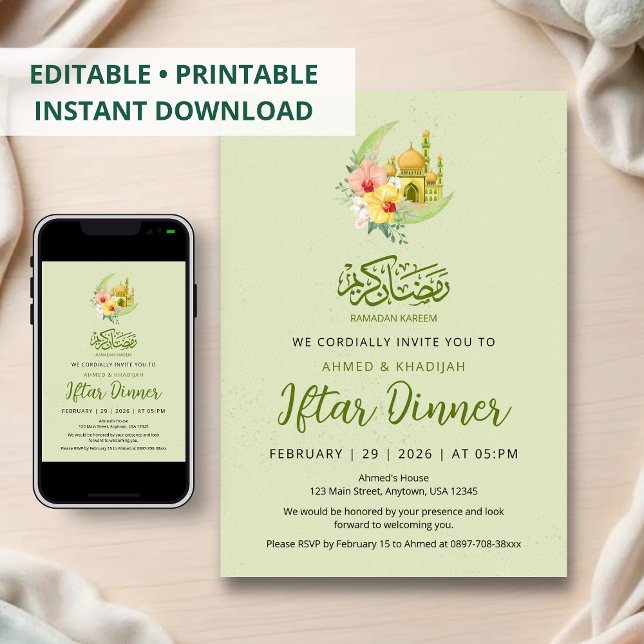 Invitación Elegant Floral Moon & Golden Mosque Iftar Dinner (Subido por el creador)
