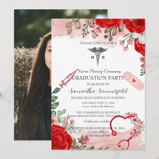 Invitación Elegant Floral Nursing Graduation Invitation | Red (Anverso / Reverso)
