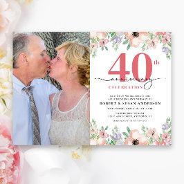 Invitación Elegant Floral Photo 40th Wedding Anniversary