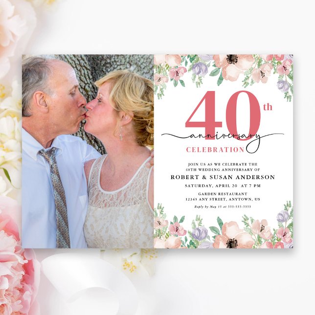 Invitación Elegant Floral Photo 40th Wedding Anniversary (Subido por el creador)