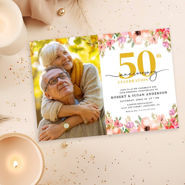Invitación Elegant Floral Photo 50th Wedding Anniversary (Subido por el creador)