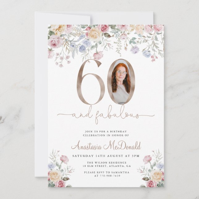 Invitación Elegant Floral Photo 60th Birthday (Anverso)