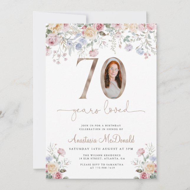 Invitación Elegant Floral Photo 70th Birthday (Anverso)