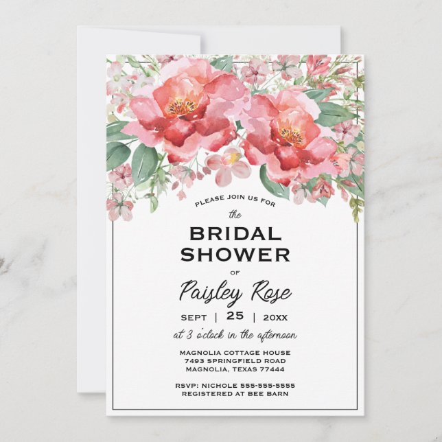 Invitación Elegant Floral Pink Bridal Shower (Anverso)