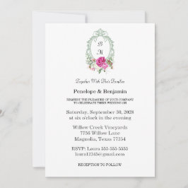 Invitación Elegant Floral Pink Peony Monogram Wedding