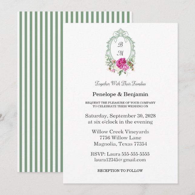 Invitación Elegant Floral Pink Peony Monogram Wedding (Anverso / Reverso)
