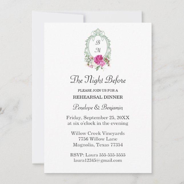 Invitación Elegant Floral Pink Peony Monogram Wedding (Anverso)