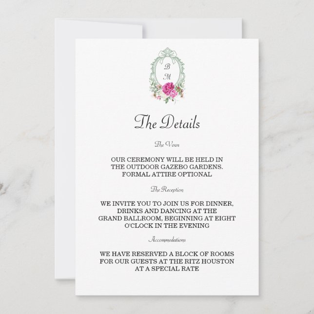 Invitación Elegant Floral Pink Peony Monogram Wedding (Anverso)