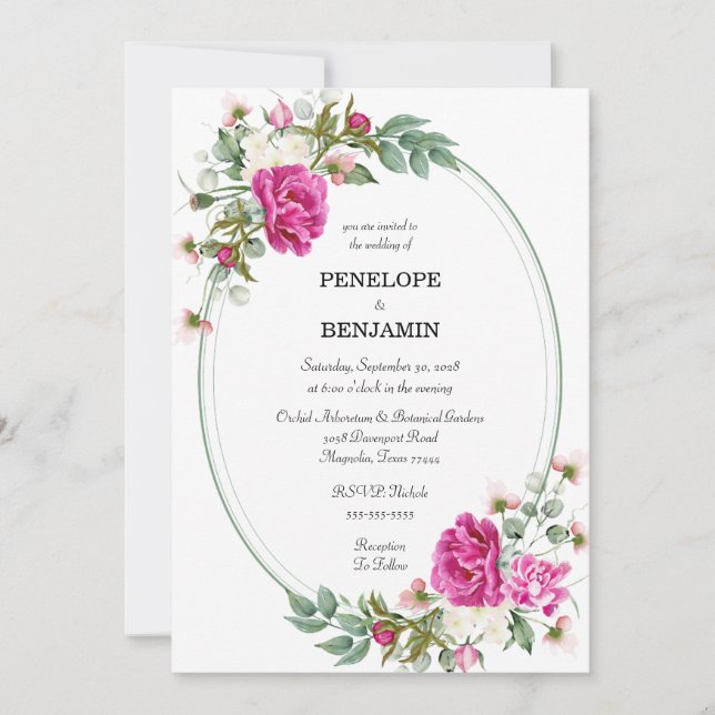 Invitación Elegant Floral Pink Peony Monogram Wedding (Anverso)