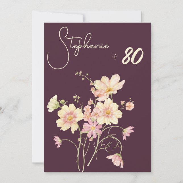 Invitación Elegant Floral Plum Blush 80th Birthday (Anverso)