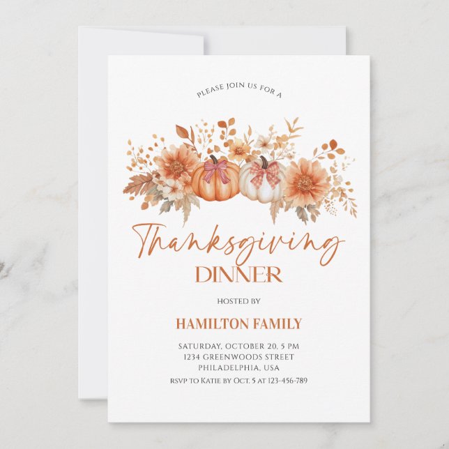 Invitación Elegant Floral pumpkin Thanksgiving Dinner party (Anverso)