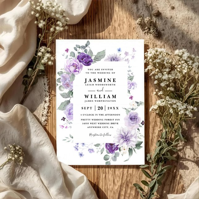 Invitación Elegant Floral Purple Rustic QR Code Wedding (Subido por el creador)