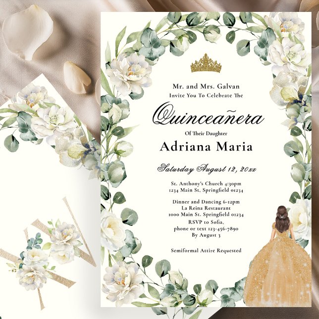 Invitación Elegant Floral Quinceanera Invitation Gold Dress (Subido por el creador)