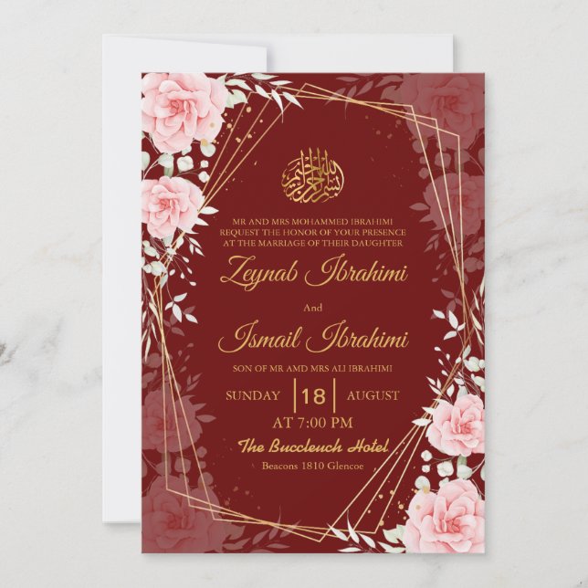 Invitación Elegant Floral Red Gold Islamic Muslim Wedding (Anverso)
