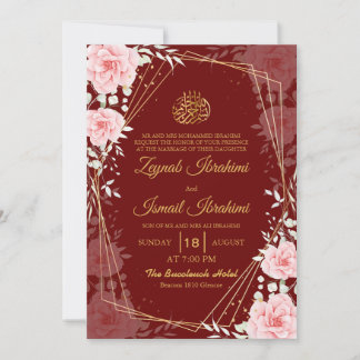 Invitación Elegant Floral Red Gold Islamic Muslim Wedding