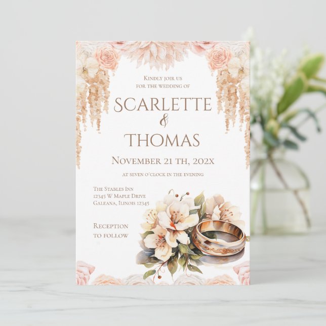 Invitación Elegant Floral Rings Wedding Invitation (Anverso de pie)