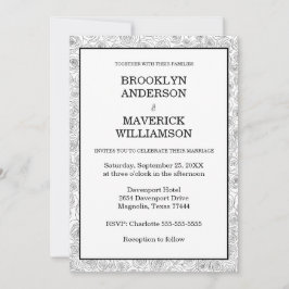 Invitación Elegant Floral Rose Black White Wedding