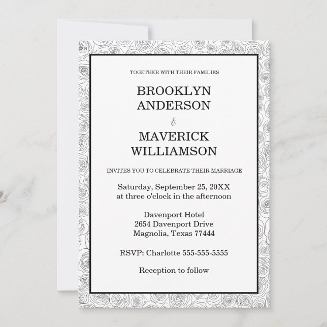 Invitación Elegant Floral Rose Black White Wedding (Anverso)