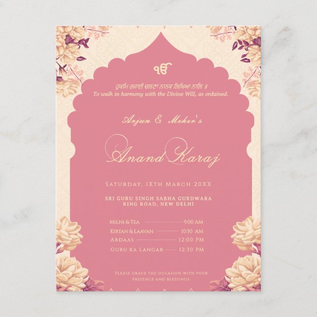 Invitación Elegant Floral Sikh Anand Karaj (Anverso)