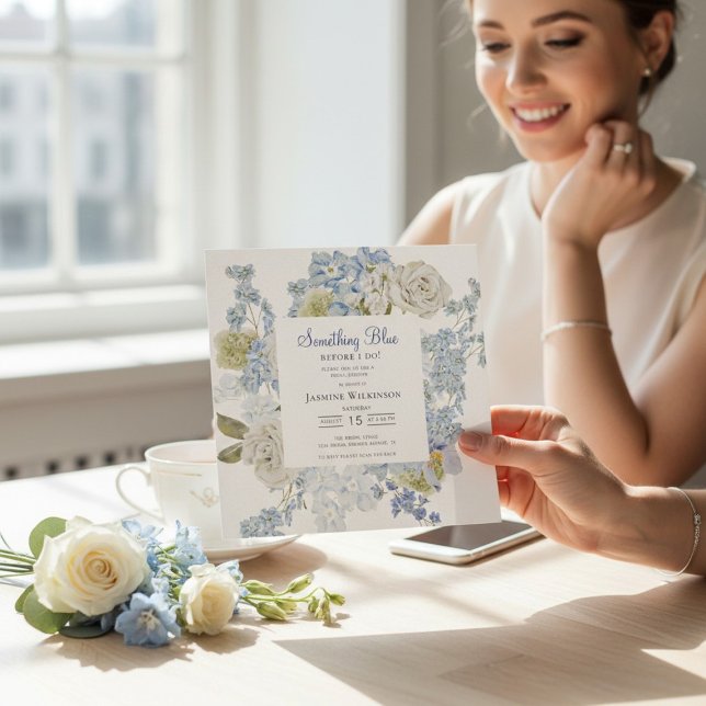 Invitación elegant Floral Something Blue Bridal shower QR  (Subido por el creador)