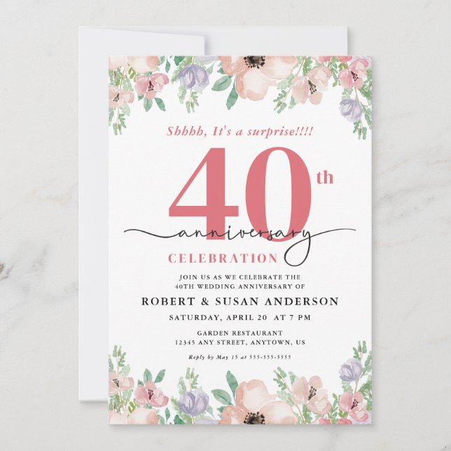 Invitación Elegant Floral Surprise 40th Wedding Anniversary (Anverso)