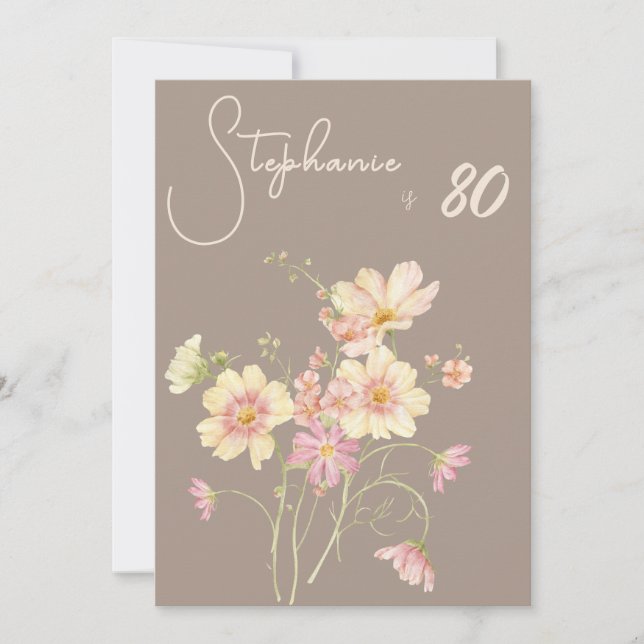 Invitación Elegant Floral Taupe Blush 80th Birthday (Anverso)