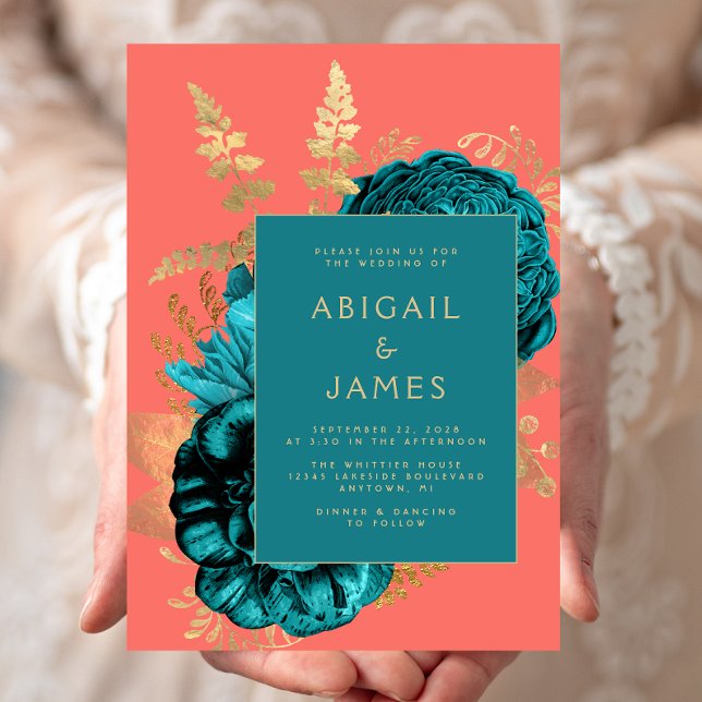 Invitación Elegant Floral Teal Blue Coral Gold Wedding (Subido por el creador)