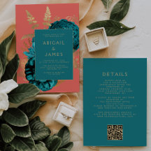 Elegant Floral Teal Gold Coral QR Code Wedding