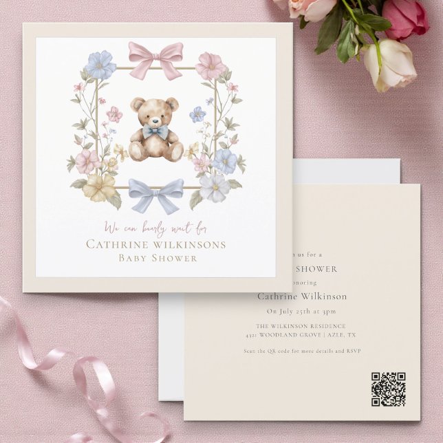 Invitación Elegant Floral Teddy  pastel  baby shower QR code (Subido por el creador)