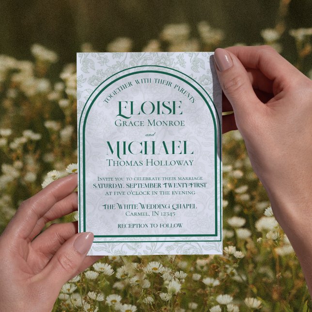 Invitación Elegant Floral Toile Script Monogram Green Wedding (Formally invite guests to your big day with this Elegant Floral Toile Script Green Wedding Invite!)