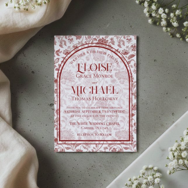 Invitación Elegant Floral Toile Script Monogram Red Wedding (Elegant Floral Toile Script Monogram Red Wedding Invitation)