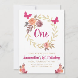 Invitación Elegant Floral Watercolor 1st Birthday
