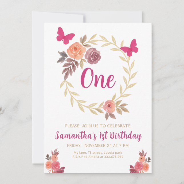 Invitación Elegant Floral  Watercolor 1st Birthday (Anverso)
