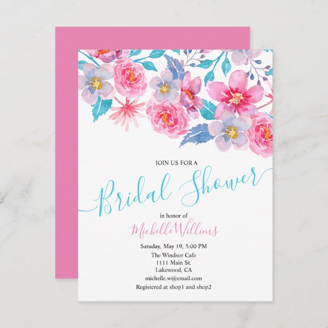 Invitación Elegant floral watercolour bridal shower (Anverso / Reverso)