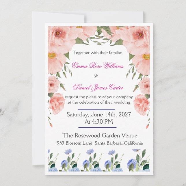 Invitación Elegant Floral Wedding Invitation | Blush Pink  (Anverso)