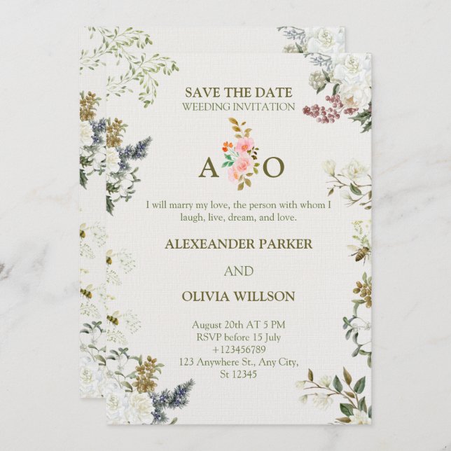 Invitación Elegant Floral Wedding Invitation – Modern CARD (Anverso / Reverso)