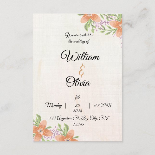 Invitación Elegant Floral Wedding Invitation | Peach & Green  (Anverso)
